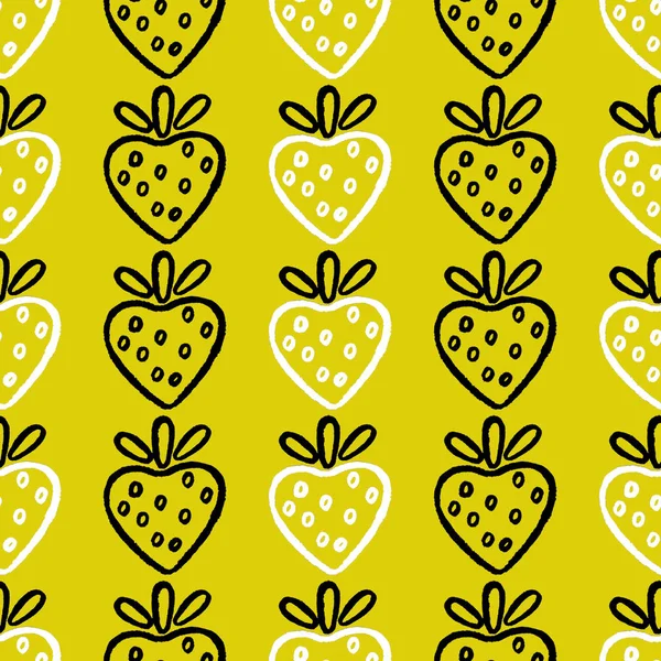 Hand drawn black and white strawberry.simple style.Seamless stylish texture.yellow background — Stock Photo, Image