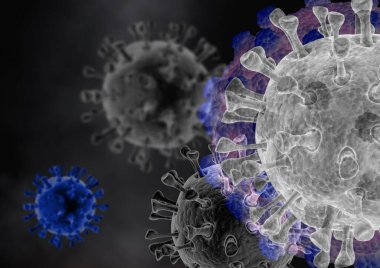 Coronavirus 'un mikroskobik görüntüsü, solunum yoluna saldıran bir patojen. Analiz ve test, deneyler. 2019-nCov, covid-19, SARS-CoV-2 roman Coronavirus kavramı Asya gribi salgınına karşı duyarlı. 