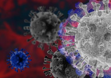 Coronavirus 'un mikroskobik görüntüsü, solunum yoluna saldıran bir patojen. Analiz ve test, deneyler. 2019-nCov, covid-19, SARS-CoV-2 roman Coronavirus kavramı Asya gribi salgınına karşı duyarlı. 