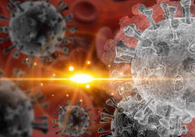 Coronavirus 'un mikroskobik görüntüsü, solunum yoluna saldıran bir patojen. Analiz ve test, deneyler. 2019-nCov, covid-19, SARS-CoV-2 roman Coronavirus kavramı Asya gribi salgınına karşı duyarlı. 