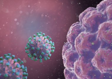 Coronavirus 'un mikroskobik görüntüsü, solunum yoluna saldıran bir patojen. Analiz ve test, deneyler. 2019-nCov, covid-19, SARS-CoV-2 roman Coronavirus kavramı Asya gribi salgınına karşı duyarlı. 