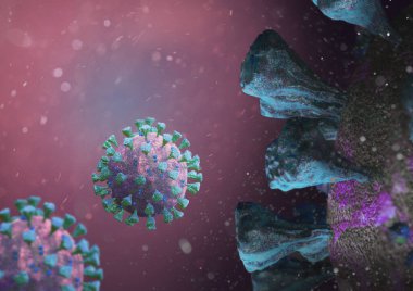 Coronavirus 'un mikroskobik görüntüsü, solunum yoluna saldıran bir patojen. Analiz ve test, deneyler. 2019-nCov, covid-19, SARS-CoV-2 roman Coronavirus kavramı Asya gribi salgınına karşı duyarlı. 