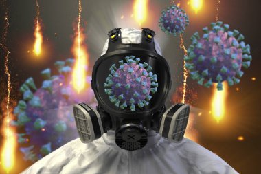 Coronavirus covid-19 gribi tüm dünyaya yayıldı. Virüs koruması altındaki insanlar biyolojik tehlike giysileri, maskeler, enfeksiyon durdurma hareketi. Patojen corona virüsü ncov küresel salgın krizi