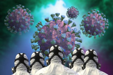 Coronavirus covid-19 gribi tüm dünyaya yayıldı. Virüs koruması altındaki insanlar biyolojik tehlike giysileri, maskeler, enfeksiyon durdurma hareketi. Patojen corona virüsü ncov küresel salgın krizi