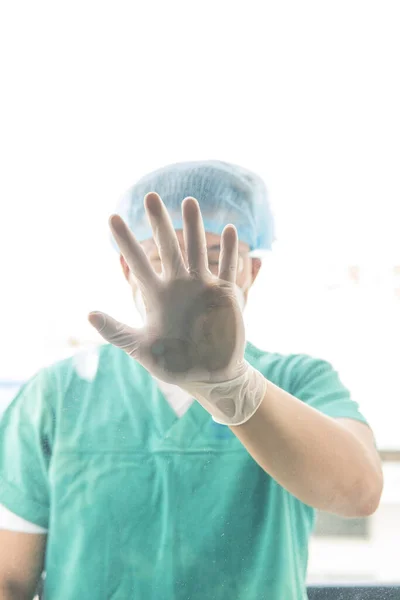 Must Stop Spread Coronavirus Covid Doctor Showing Gloved Hand Camera — Stock Photo, Image