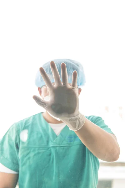 Must Stop Spread Coronavirus Covid Doctor Showing Gloved Hand Camera — Stock Photo, Image