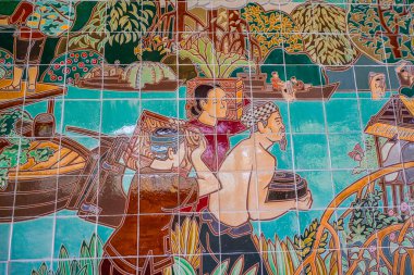 Cu Chi Tüneli, Ho Chi Minh Şehri, Vietnam - 21 Aralık 2019: Ben Duoc Tapınağındaki Renkli Duvar Resimleri (Den Ben Duoc)