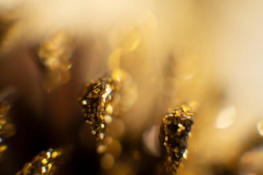 Bokeh 'in soyut altın arka planı. Arka planda tatil ışıkları. Bokeh odaklı ışıklar ve yıldızlarla şenlikli soyut arkaplan