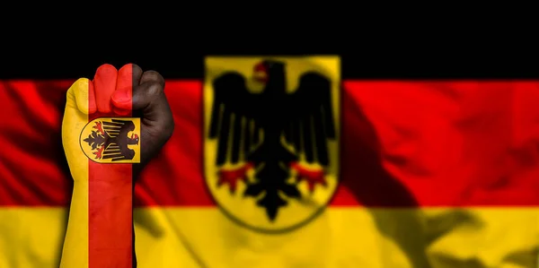 Banner Flag Germany Painted Male Fist Fist Flag Country Germany — Stock Photo, Image