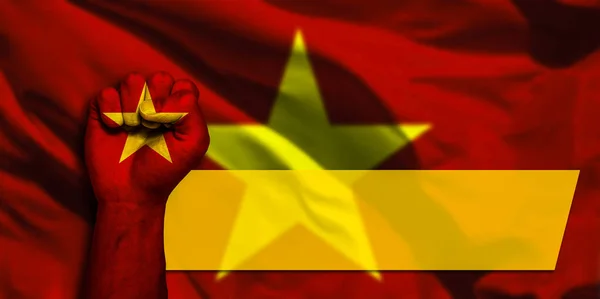 Banner of Flag of Vietnam painted on male fist, fist flag, country of Vietnam, strength, power, concept of conflict. On a blurred background with a good place for your text.