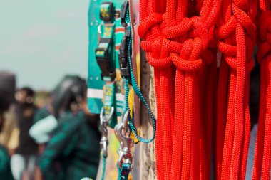 Hindistan, Tamilnadu 'da düğümlü parlak kırmızı naylon ip..