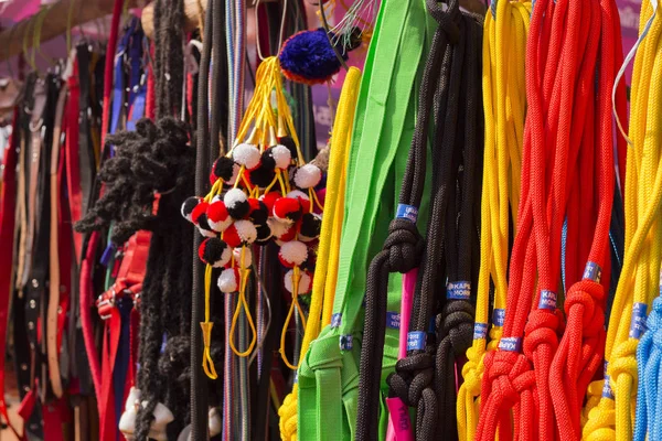 Colorful nylon rope and cattle decorations at market in tamilnadu, india. — Stock Photo, Image