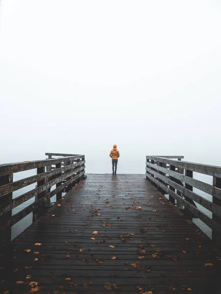 Back View Man Standing Alone Edge Footbridge Looking Moody Lake — Stock Photo, Image