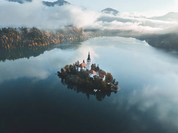 Vue Aérienne Lac Bled Slovénie Beau Lac Montagne Avec Petite — Photo