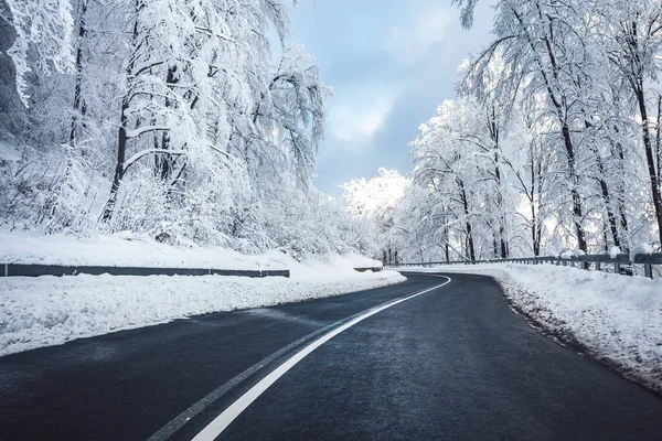 Scenic View Empty Road Snow Covered Landscape White Trees Blue — Stock Photo, Image