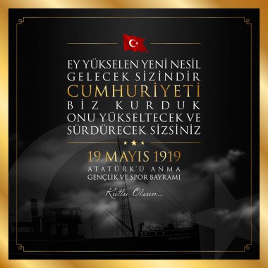 19 mayis Ataturku anma, genclik ve spor bayrami vektör illüstrasyonu. (19 Mayıs, Atatürk, Gençlik ve Spor Günü Türkiye kutlama kartı.)