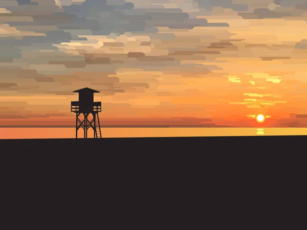 Plage au lever du soleil avec mer et tour de sauvetage — Image vectorielle