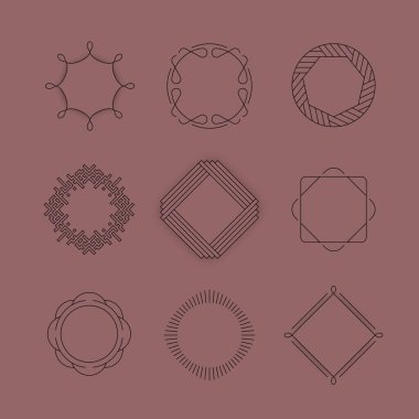 Rozetler ve etiketler. Logolar ve monogramlar. Modern geometrik tasarım, çizgi tasarımı. Vektör illüstrasyonu, EPS 10
