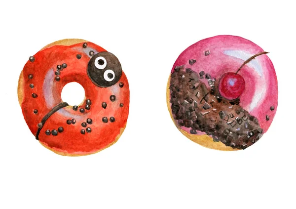 İki tane kırmızı ve pembe çörek, kiraz ve çikolata parçalı.