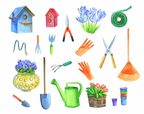 Trädgård uppsättning verktyg objekt fågelhus blommor — Stockfoto