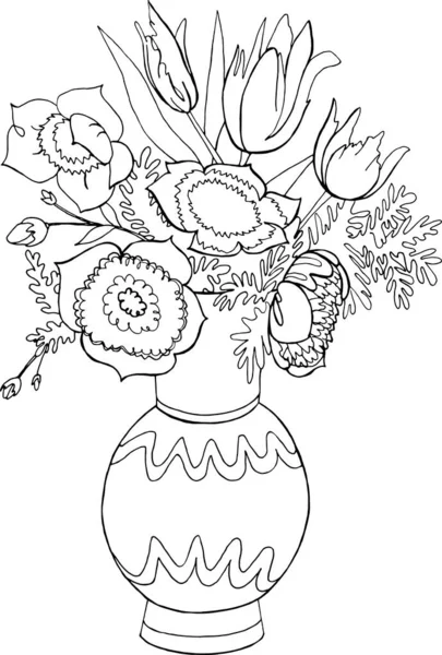 Vazo taşıyıcı elinde çiçekler, beyaz arka planda izole edilmiş çiçeklerle natürmort olarak çizilmiş. Renkler