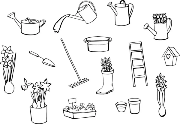 Bahçıvanlık Vektör el çizilmiş bahçe seti beyaz arka planda izole. Sulama kabı, kuş evi, botlar, saksıdaki çiçek, merdiven, tırmık, narsis çizimleri..