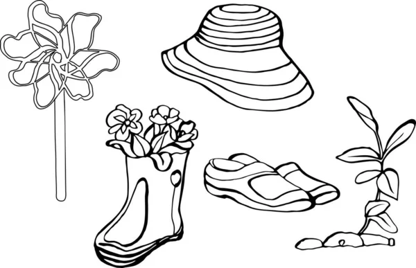 Bahçecilik 3-01 Vektör el çizimi beyaz arka planda izole edilmiş. Tasarım, ambalaj, kumaş elementleri. Tohum, çizmede şapka çiçeği, meltem cihazı..
