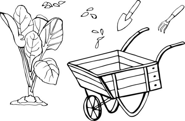 Bahçıvanlık 7 Bahçe seti. Beyaz arka planda el yapımı elementler. Bahçe aletleri ve aletleri taşıyıcısı.