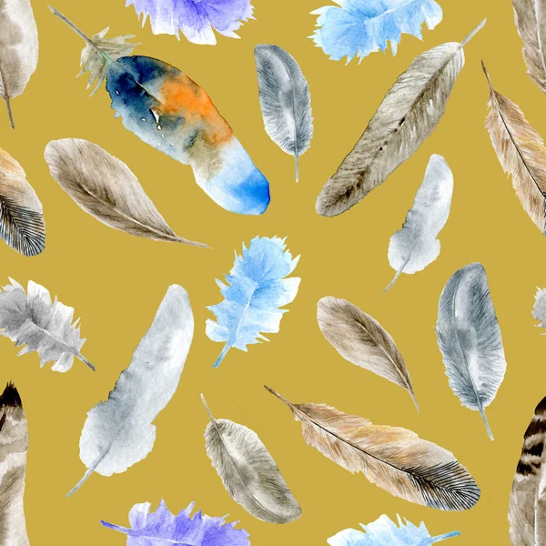 Watercolor seamless pattern with feathers. For design, packaging, fabric, textile. Feathers pattern ochre