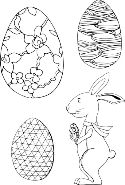 Beyaz arkaplanda izole edilmiş bir paskalya seti çizildi. Tasarım, ambalaj ve kumaş için çiçekli yumurta ve tavşan. Paskalya yumurtaları tavşancık