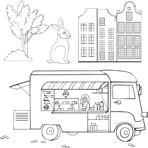 Vektör el çizimi yemek kamyonu, eski Avrupa evleri, ağaç ve tavşan. Yiyecek kamyonu elemanları