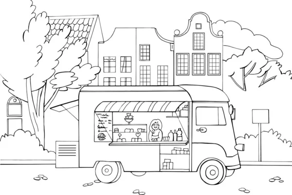Sokakta beyaz arka planda izole edilmiş bir yemek kamyonu çizilmiş. Renkli yemek kamyonu