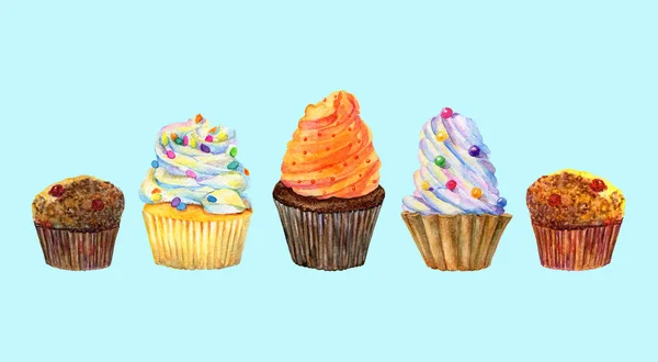 Suluboya kek seti. El yapımı tatlı izole edilmiş. Kekler.