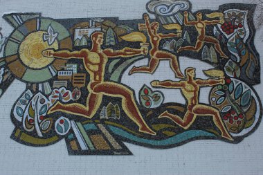 Mosaic on the wall of the building of the city pool, made in the 1970s