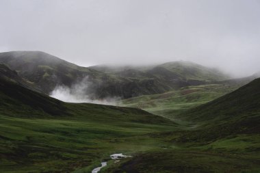 Hveragerdi 'deki sıcak nehrin yanındaki buharlı tarla.