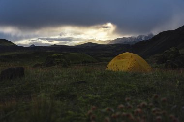 Yellow camping tent in an open moss field during sunset. Shot on adventure in Icelandic highlands