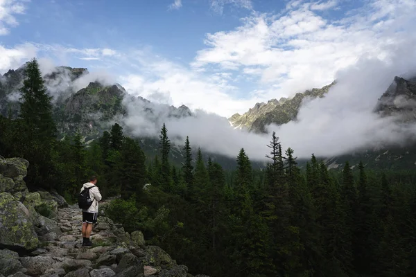 Hermoso paisaje de las altas montañas de Tatras en Eslovaquia con el hombre admirándolo — Foto de Stock