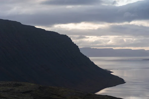 Fjord Megvilágított Naplemente Westfjordsban Izland Október 2019 — Stock Fotó