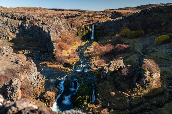 Vale Cênico Gjain Com Cachoeiras Lagoas Islândia Outubro 2019 — Fotografia de Stock