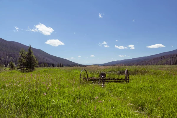 Rocky Dağı Ulusal Parkı 'ndaki bir vadide eski paslı tarım ekipmanları, uzaktaki orman dağları.