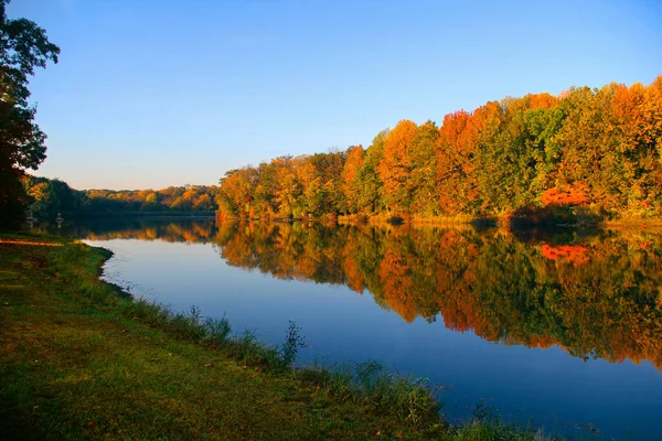 Autumn leaf colors reflected on a lake at sunrise