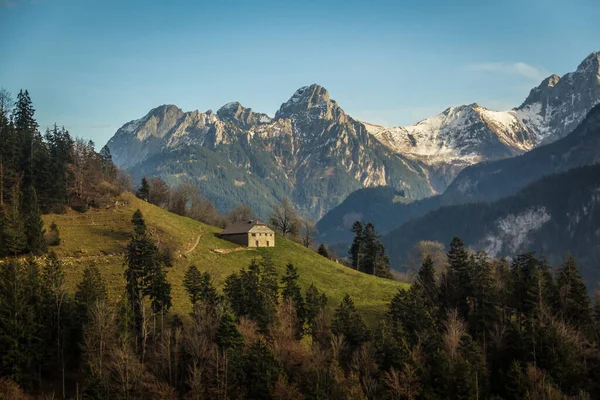 スイスの山の中の丘の側に一本のシャレー — ストック写真