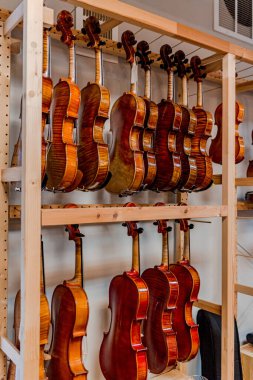 Keman tamirhanesinde asılı keman rafları