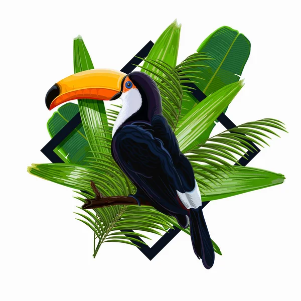 熱帯の葉と枝に鳥オオハシのベクトル図 — ストックベクタ