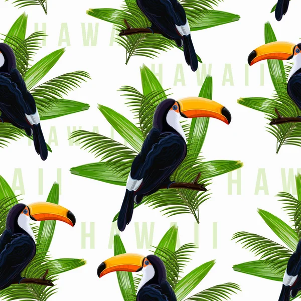 Vector sömlösa mönster med tropiska blad och fågel toucan på en gren — Stock vektor