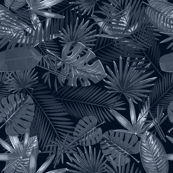 Patrón sin costuras con hojas de palma tropical sobre fondo negro — Archivo Imágenes Vectoriales