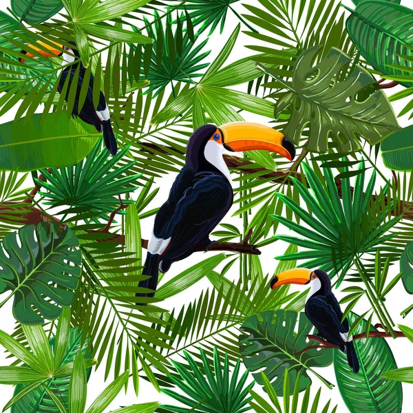 熱帯の葉の枝に鳥オオハシとシームレスなパターン ベクトル — ストックベクタ