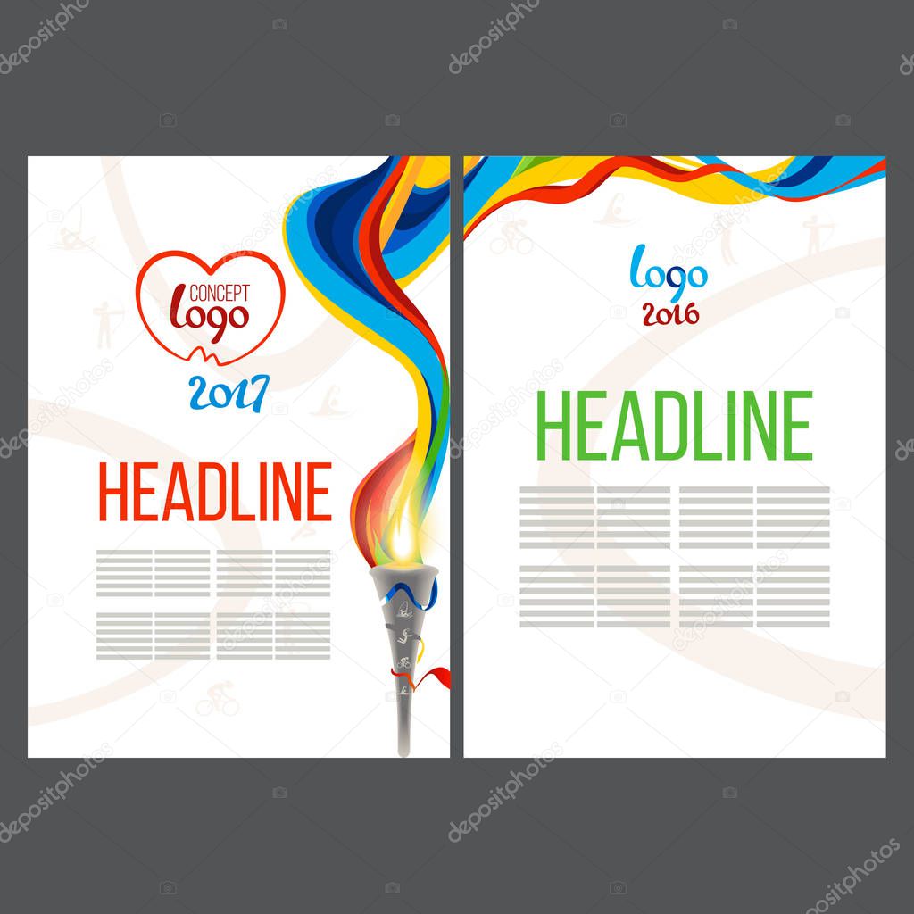 Abstract vector template design, brochure, Web sites, page, leaflet, with colored lines blue and yellow waves, sport symbols  logo 2017 and text separately. Icon sport torch with wavy stripes