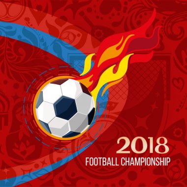 Futbol 2018 Dünya Şampiyonası arka plan. Kavramı topu ve yangın Rus etnik sembolleri kırmızı arka plan ile. Şampiyon futbol oyunu. Sembol spor Kupası.
