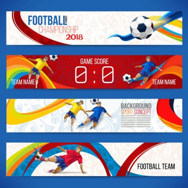 Futbolcu şekil futbol arka planını farklı renk bantları monte renkli geometrik şekillerle kavramı iç içe. Şampiyon futbol oyunu. 2018 tablo maçları. Vektör yalıtmak. Afiş